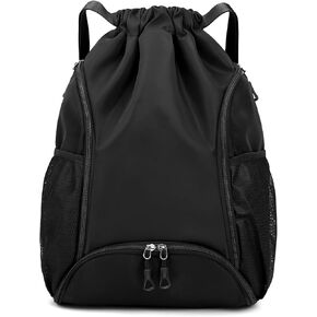 Valleycomfy Sports Gym Bag Drawstring Backpack with Shoes Basketball Bag and Two Water Bottle Holder,Drawstring Backpack for Beach, Pool and Travel,Grey