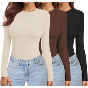 Ekouaer Womens 3 Pack Long Sleeve Shirts Crew Neck Stretch Fitted Underscrubs Trendy Basic Tops Lightweight Thermal Tee