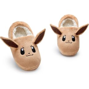 Pokemon Girls Slippers Eevee Character Slip-On Loafer Slippers with 3D Ears | Kids Fur Lined House Shoes in Brown