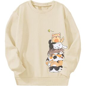 Girl's Cartoon Graphic Long Sleeve Crewneck Sweatshirts Drop Shoulder Cute Pullover Tops T Shirt