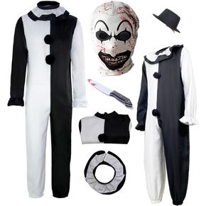 ACEOROWO Movies Cosplay Costume Clown Black White killer Outfit Jumpsuit Suit Halloween Full Set