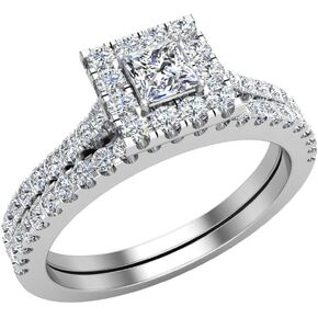 Princess Cut Square Halo Diamond Wedding Ring Set 0.70 ctw 14K Gold