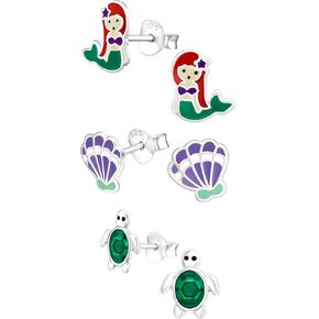 ICYROSE 925 Sterling Silver Set of 3 Pairs Purple Sea Shell, Mermaid Green/red Hair, Green Turtle Stud Earrings for Girls (Nickel Free)