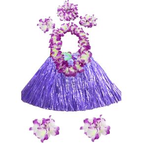 Hawaii 40cm grass skirt with flowers bracelets headband necklace Hula set （7 PC)