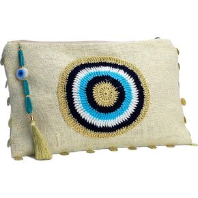 Karens Line Evil Eye Eco Friendly Jute Handheld Clutch Purse Large Space with Zipper Closure&Crystal Decoration Off-White&Gold