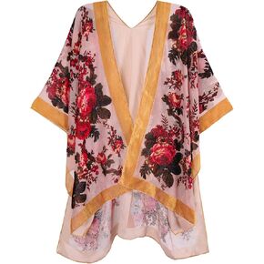 WeHello Women's Burnout Velvet Kimono Long Cardigan Cover Up Without Tassel (Cloud Flower)…