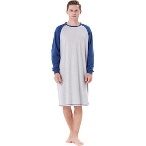 Keyocean Mens Nightgown, Soft Cotton Comfy Lightweight Long Sleeves Crew Neck Sleeping Nightshirts with Pockets