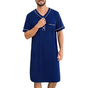 SWOMOG Men's Nightshirt Short Sleeve Nightgown Soft Loose Sleepwear Lightweight Nightwear Comfy Henley Sleep Shirt M-3XL
