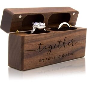 MUUJEE Together Double Ring Box - Engraved Slim Wooden Ring Case Box for Wedding Ceremony Engagement Proposal Ring Bearer Box - Anniversary Birthday Gift Ideas