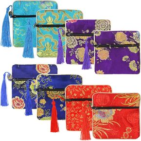 PINOWU 8pcs Silk Brocade Jewelry Bags with Zipper (11.5x11.5cm), Jewellery Silk Purse Pouch Gift Bags for Women Coins Traveling Jewelry Rolls Wedding Birthday Party Favors
