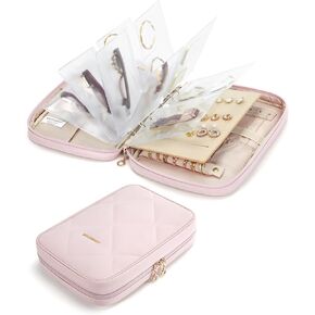 BAGSMART Jewelry Travel Case, Ring Binder Storage Book with Clear Pockets, Zippered Organizer for Necklace, Earrings, Rings, Bracelet, Pink