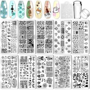 Biutee Nail Stamping Plates 10pcs Templates with Stamper Nail Stamper Nail Art Plates Kits Nail Plates Template Plates Leaves Flowers Animal Holiday Design