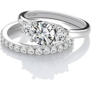 Ladylike 3-Stone 1.6 Carats Moissanite Engagement Rings for Women and 0.42ct Half Eternity Wedding Band Anniversary Promise Ring for Her (size 7)