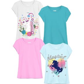 QWE 4 Pieces Girls Shirts Girls Short Sleeve Cotton T-Shirt Graphic Tees Tops for Girls 5-12 Years