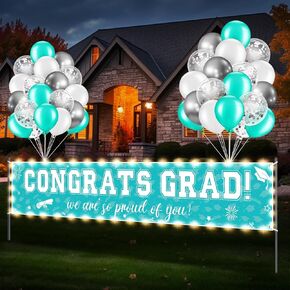 37Pcs Graduation Banner Balloon Decorations Class 2024, Congrats Grad Banner with LED Light Yard Outdoor Decorations, Graduation Banner for High School College Graduation Party Supplies, Black Silver