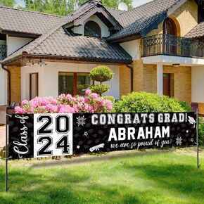 Graduation Congratulations Banner Decorations, Class 2024 Personalized Graduation Banner with 78 Alphabet Stickers, Custom Banner Backdrop for High School College Graduation Party Supplies, Black Gold