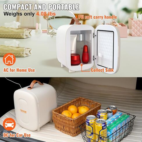 VEVOR Mini Skin Care Fridge, 4 L/6 Can Cute Makeup Fridge for Cosmetics Beverage Fruit Milk, AC/DC Cooler & Warmer, Mute Tiny Refrigerator for Bedroom Office Dorm Desk Car, ETL Certified, White in Saudi Arabia