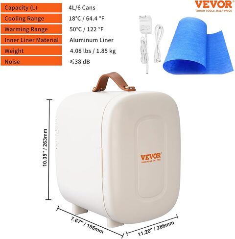 VEVOR Mini Skin Care Fridge, 4 L/6 Can Cute Makeup Fridge for Cosmetics Beverage Fruit Milk, AC/DC Cooler & Warmer, Mute Tiny Refrigerator for Bedroom Office Dorm Desk Car, ETL Certified, White in Saudi Arabia
