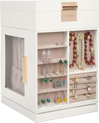 STYLIFING Jewelry Box 360° Rotating, Large Jewelry Boxes & Organizers with 4 Drawers, Jewelry Boxes for Women, Jewelry Storage Box with Glass Window, White in Saudi Arabia