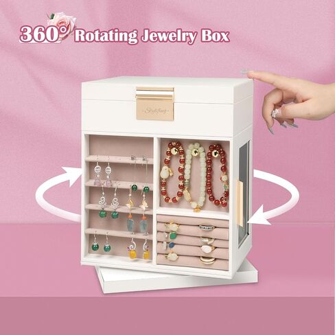 STYLIFING Jewelry Box 360° Rotating, Large Jewelry Boxes & Organizers with 4 Drawers, Jewelry Boxes for Women, Jewelry Storage Box with Glass Window, White in Saudi Arabia