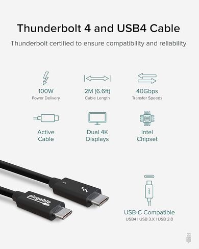 كابل Thunderbolt 4 قابل للتوصيل [معتمد من Thunderbolt] كابل USB4 بطول 6.6 قدم مع شحن 100 وات، شاشة مفردة 8K أو مزدوجة 4K، نقل بيانات بسرعة 40 جيجابت في الثانية، متوافق مع Thunderbolt، USB4، USB-C - بدون سائق in Kuwait
