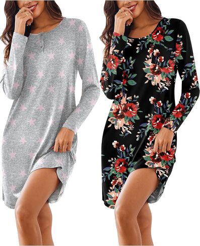 Ekouaer Women's 2 Pack Sleepshirt Dress Comfortable Nightshirt Nightgown Long Sleeve Button Down Sleepwear in Saudi Arabia