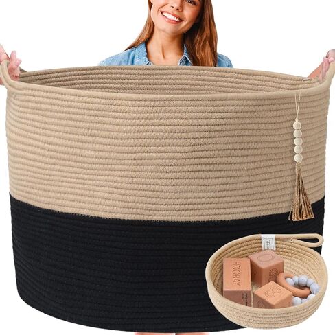 Huddle XXXXL WASHABLE Jumbo 125L Blanket Basket for Living Room, Toys, Baby | Woven Decorative Cotton Rope Big Basket+Mini Basket for Nursery, Dog Toys, Storage, Organization Bins 24x17in Grey & White in Saudi Arabia