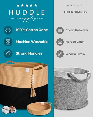 Huddle XXXXL WASHABLE Jumbo 125L Blanket Basket for Living Room, Toys, Baby | Woven Decorative Cotton Rope Big Basket+Mini Basket for Nursery, Dog Toys, Storage, Organization Bins 24x17in Grey & White in Saudi Arabia