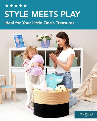 Huddle XXXXL WASHABLE Jumbo 125L Blanket Basket for Living Room, Toys, Baby | Woven Decorative Cotton Rope Big Basket+Mini Basket for Nursery, Dog Toys, Storage, Organization Bins 24x17in Grey & White in Saudi Arabia