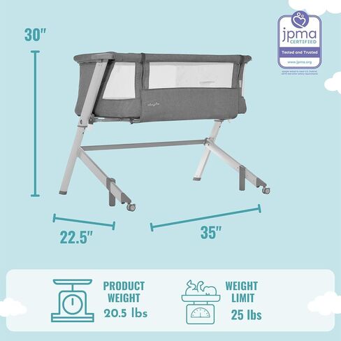 Dream On Me Skylar Bassinet & Bedside Sleeper, Adjustable Height, Grey | Breathable Mesh Sides, Plush Mattress Pad, Wheels with Safety Locks, Compact Fold & Travel Bag Included, BSA Verified in Saudi Arabia