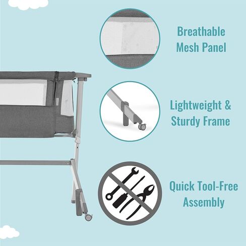 Dream On Me Skylar Bassinet & Bedside Sleeper, Adjustable Height, Grey | Breathable Mesh Sides, Plush Mattress Pad, Wheels with Safety Locks, Compact Fold & Travel Bag Included, BSA Verified in Saudi Arabia