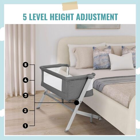 Dream On Me Skylar Bassinet & Bedside Sleeper, Adjustable Height, Grey | Breathable Mesh Sides, Plush Mattress Pad, Wheels with Safety Locks, Compact Fold & Travel Bag Included, BSA Verified in Saudi Arabia