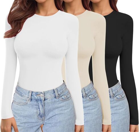 Ekouaer Womens 3 Pack Long Sleeve Shirts Crew Neck Stretch Fitted Underscrubs Trendy Basic Tops Lightweight Thermal Tee in Kuwait