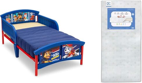 Delta Children Plastic Toddler Bed, Nick Jr. PAW Patrol Twinkle Galaxy Dual Sided Recycled Fiber Core Toddler Mattress (Bundle) in Saudi Arabia