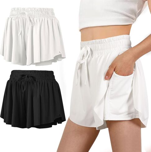 2 Pack Girls Butterfly Shorts 2 in 1 Flowy Shorts with Pockets Quick-Drying Tennis Gym Cheer Skirt Athletic Shorts 5-14Y in Saudi Arabia
