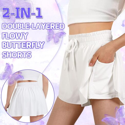2 Pack Girls Butterfly Shorts 2 in 1 Flowy Shorts with Pockets Quick-Drying Tennis Gym Cheer Skirt Athletic Shorts 5-14Y in Saudi Arabia