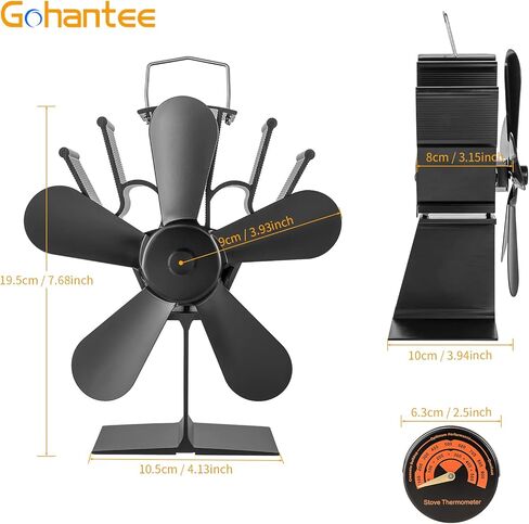 مروحة موقد تعمل بالطاقة الحرارية من gohantee، مروحة موقد مدفأة بـ 5 شفرات مع مقياس حرارة، محركات صامتة لمروحة موقد الخشب تدور دافئة وفعالة لمواقد الغاز/الحبيبات/الخشب/السجل in Kuwait