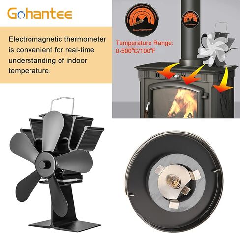 مروحة موقد تعمل بالطاقة الحرارية من gohantee، مروحة موقد مدفأة بـ 5 شفرات مع مقياس حرارة، محركات صامتة لمروحة موقد الخشب تدور دافئة وفعالة لمواقد الغاز/الحبيبات/الخشب/السجل in Kuwait