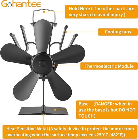 مروحة موقد تعمل بالطاقة الحرارية من gohantee، مروحة موقد مدفأة بـ 5 شفرات مع مقياس حرارة، محركات صامتة لمروحة موقد الخشب تدور دافئة وفعالة لمواقد الغاز/الحبيبات/الخشب/السجل in Kuwait