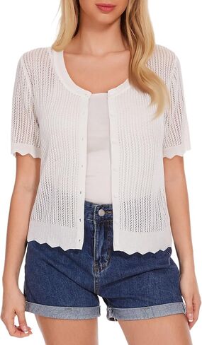 Women's Short Sleeve Summer Hollow Out Crew Neck Button Down Cardigan Sweater in Saudi Arabia