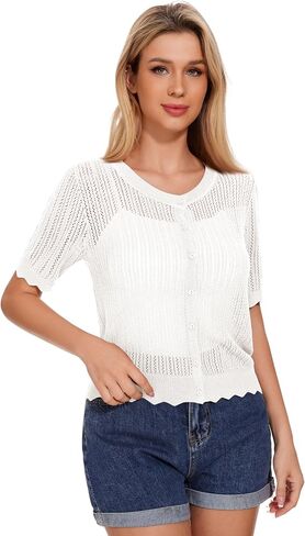 Women's Short Sleeve Summer Hollow Out Crew Neck Button Down Cardigan Sweater in Saudi Arabia