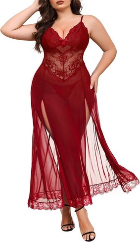 Plus Size Lingerie For Women Babydoll Sexy Mesh Maxi Nightdress Exotic Sleepwear Side Slits in Saudi Arabia