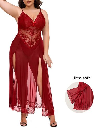 Plus Size Lingerie For Women Babydoll Sexy Mesh Maxi Nightdress Exotic Sleepwear Side Slits in Saudi Arabia