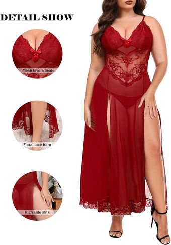 Plus Size Lingerie For Women Babydoll Sexy Mesh Maxi Nightdress Exotic Sleepwear Side Slits in Saudi Arabia