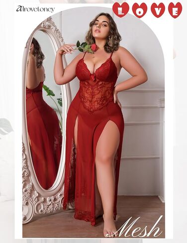 Plus Size Lingerie For Women Babydoll Sexy Mesh Maxi Nightdress Exotic Sleepwear Side Slits in Saudi Arabia
