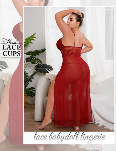 Plus Size Lingerie For Women Babydoll Sexy Mesh Maxi Nightdress Exotic Sleepwear Side Slits in Saudi Arabia