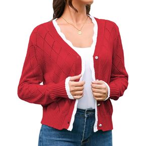 V FOR CITY سترة كروشيه للنساء سترة مقصوصة كم صدفي رقبة على شكل حرف V تجاهلات زر اللؤلؤ المشذب متماسكة الخريف محكم in Kuwait