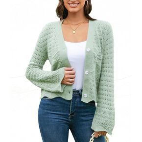 V FOR CITY Womens Cropped Cardigan Sweaters Crochet Cardigans Bell Sleeve Knit Bolero Shrug V Neck Open Front Sweater
