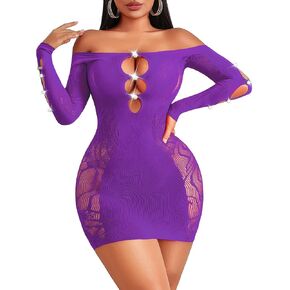 Avidlove Womens Fishnet Lingerie Sexy Bodycon Mini Dress Mesh Cut Out Babydoll Chemise Off Shoulder Stripper Outfits