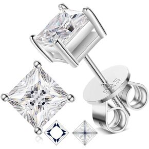 0.8-5ct Princess Moissanite Earrings for Women Men, Lab Created Diamond Stud Earrings Solid 925 Sterling Silver 18K White Gold Plated Princess Cut Moissanite Screw Back Solitaire Earrings Studs